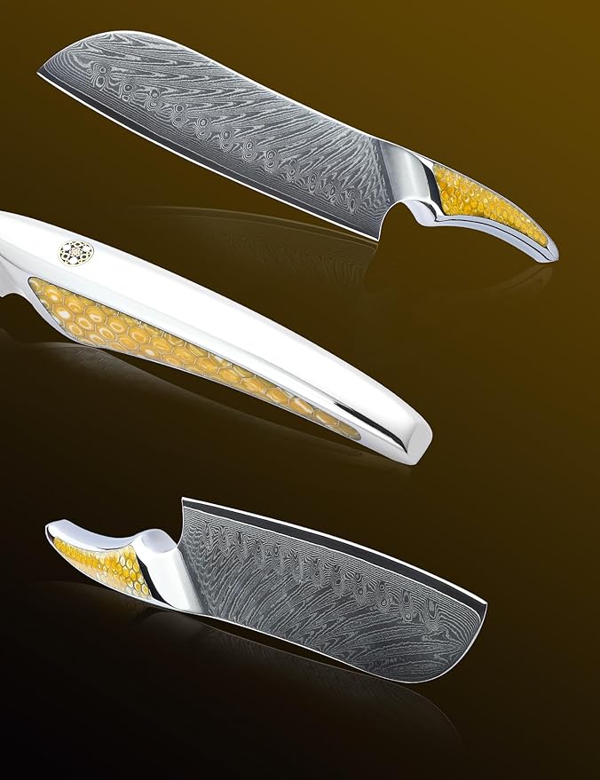 7 inch Santoku Knife, Japanese VG-10 Damascus Steel Chef Knife, Ultra Sharp Kitchen Knife with Full-tang Handle in Yellow Resin, LA-S9 Series