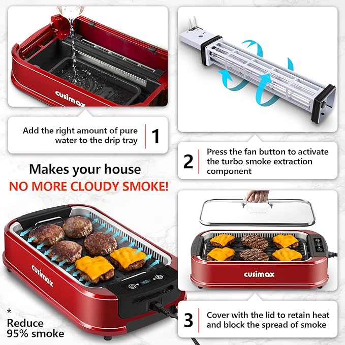 CUSIMAX Smokeless Indoor Grill, Electric Grill Griddle, 1500W Korean BBQ Grill with LED Smart Display & Tempered Glass Lid, Non-stick Removable Plate & Griddle Plate, Red