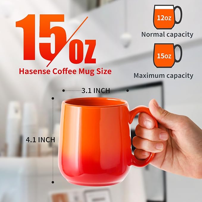 Hasense Ceramic Coffee Mugs Set of 4,15oz Large Mugs Set for Home and Office, Microwave & Dishwasher Safe, Coffee Cups for Coffee Tea Mike, Gradient Orange