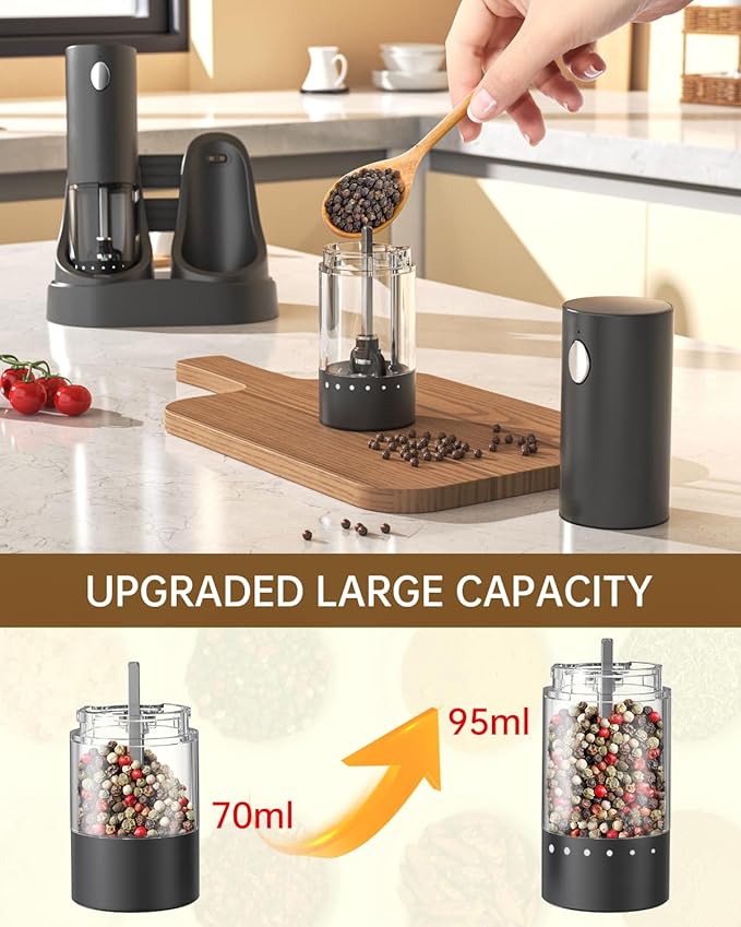 CIRCLE JOY Electric Salt and Pepper Grinder Set Automatic Salt and Pepper Grinder Set with Easy-to-Carry Charging Base and LED Light, Adjustable Coarseness, USB Rechargeable, Washable Container, Black