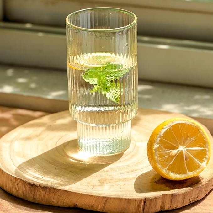 Ribbed Drinking Glasses Set of 6, 14oz Water Glasses,Vintage Glass Cups,Clear Glass Tumbler,Ribbed Glassware for Cocktail,Iced Coffee,Juice,Mojito,Decor,Gifts