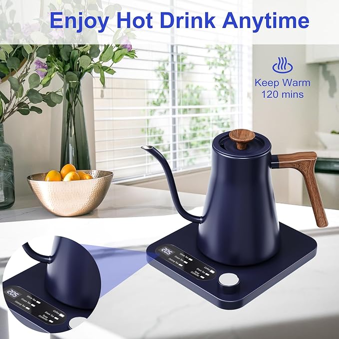 Gooseneck Electric Kettle - 1200W Quick Boil, Temp Control with 5 Presets & ±5℉ Adjustment, Accurate Pouring, 24oz Small Pour Over Coffee & Tea Kettle, 2H Auto Keep Warm, Stainless Steel, Blue