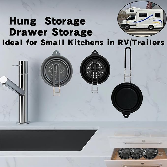 Silicone Collapsible Colander with Handle,Home/RV Kitchen Space Saving Silicone Colander,Drainage of Food,Vegetables,Fruits (Grey)