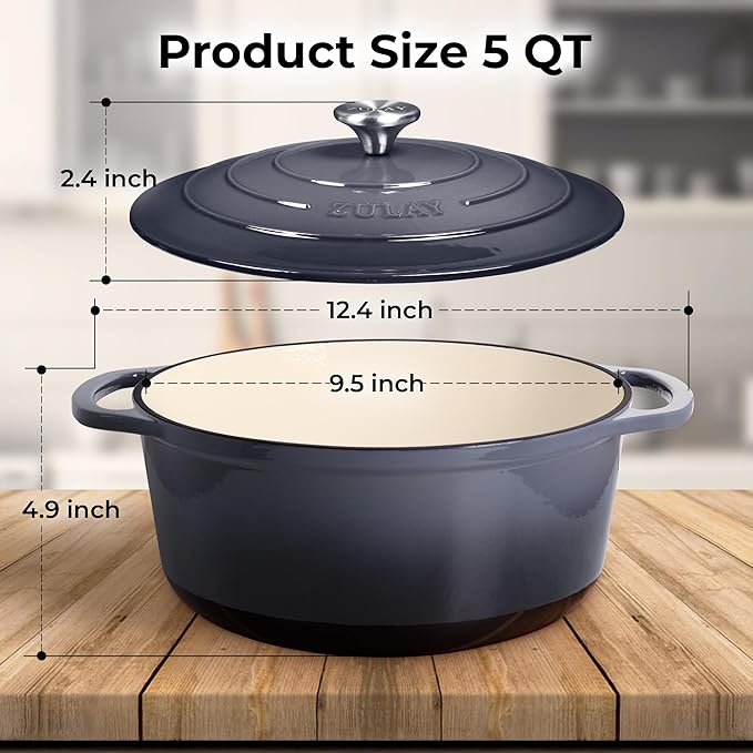 Zulay Kitchen 5 Quart Enameled Cast Iron Dutch Oven with Lid,Silicone Trivet & Heat Pad – Premium Durability & Oven Safe up to 500°F – Heavy Duty Cookware Perfect for Bread Baking, Stews, Braising & Roasting – Gray