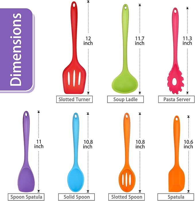 P&P CHEF Silicone Cooking Utensils Set of 7, Heat-proof Kitchen Utensils Set for Nonstick Cookware, Non-stick Spatula, Slotted Turner, Soup Ladle, Pasta Server, Spoon for Cooking Serving - Multicolor