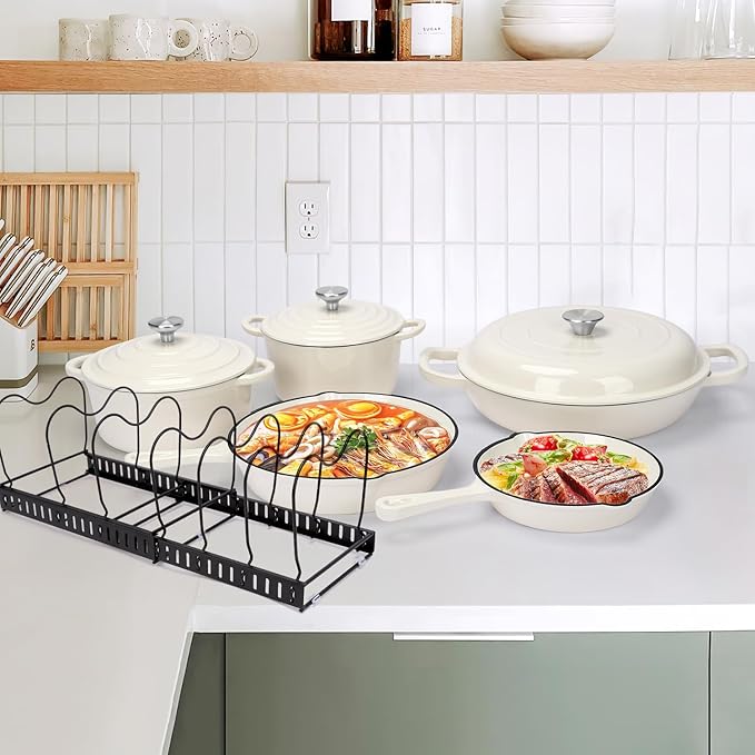 Nonstick Enameled Cast Iron Cookware Set - 8 Piece Pots and Pans with Lid, Frying Pan, Skillet, Dutch Oven Set for All Stovetops, Ideal for Sourdough Bread Baking, Comes with Organizer, Cream White