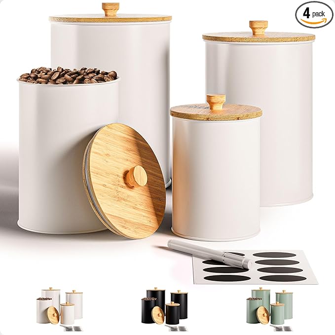 Kitchen Canisters for Countertop Set of 4 with Customizable Chalkboard Labels & Marker Pen - Big Iron Kitchen Canisters with Airtight Lids - White Canister Set - Flour and Sugar Containers Farmhouse