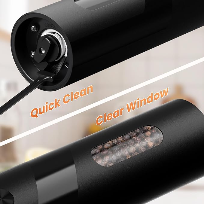 110ml Electric Salt and Pepper Grinder Set, 2-Pack Auto Salt and Pepper Shakers with Large Capacity, Rechargeable, Adjustable Coarseness for Kitchen, Outdoor Dining (Black & White)