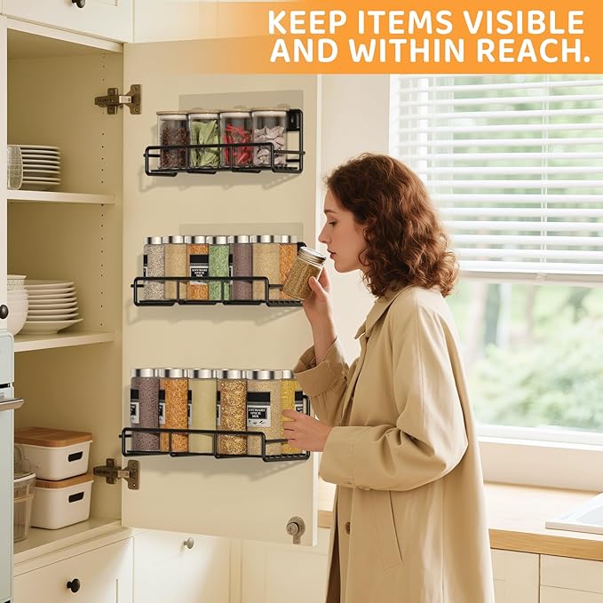 6 Pack Wall Mount Spice Rack Organizer, for Kitchen Pantry Door Storage and Organization, Heavy-Duty Metal Kitchen Spice Rack, Flexible Wall Iron Shelves with Adhesive Hook, Black