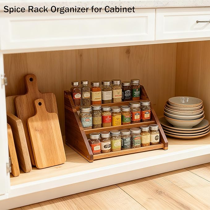 Acacia Wooden Spice Rack for Countertop - 3 Tiered Spice Rack Organizer for Cabinet - Kitchen Spices Organizers Holds 24 Jars - Spices Shelf for Kitchen Storage Pantry Seasoning Organizer