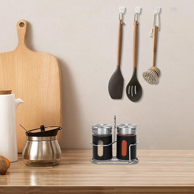 Glass Salt and Pepper Shaker Set with Seasoning Rack, Spice Rack, Adjustable Pour Hole Stainless Steel Lid, 2.8 oz, Spice Dispenser for Salt, Pepper, Spice Preservation (black)