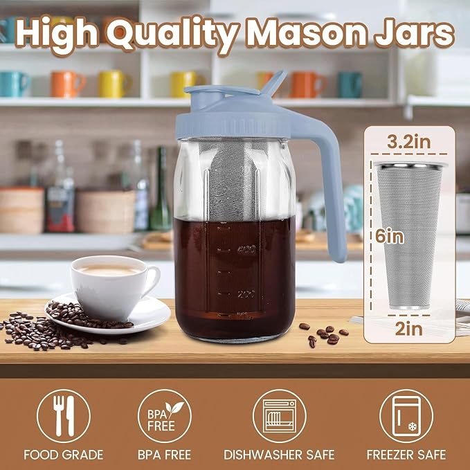 Cold Brew Coffee Maker,32 oz Mason Jar Pitcher with Stainless Steel Filter, Pour Spout Handle Lid, Heavy Duty Glass Airtight & Leak-Proof Pitcher for iced coffee Tea Lemonade-Gray