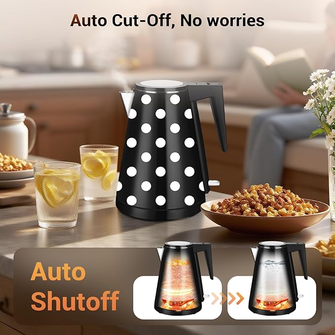 1.2L Double Wall Stainless Steel Interior Water Boiler, Cordless, 1000W Fast Boil with LED Light Coffee Pot & Tea Electric Kettle, Auto Shut-Off and Boil-Dry Protection (Black)