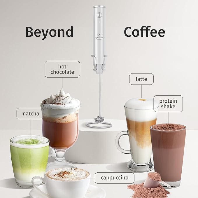 Zulay Kitchen Lux Rechargeable Milk Frother Handheld - Powerful 2-Speed Motor, Fully Waterproof, 2000mAh Battery - Drink Mixer For Latte, Cappuccino, Matcha, Protein Powder - White