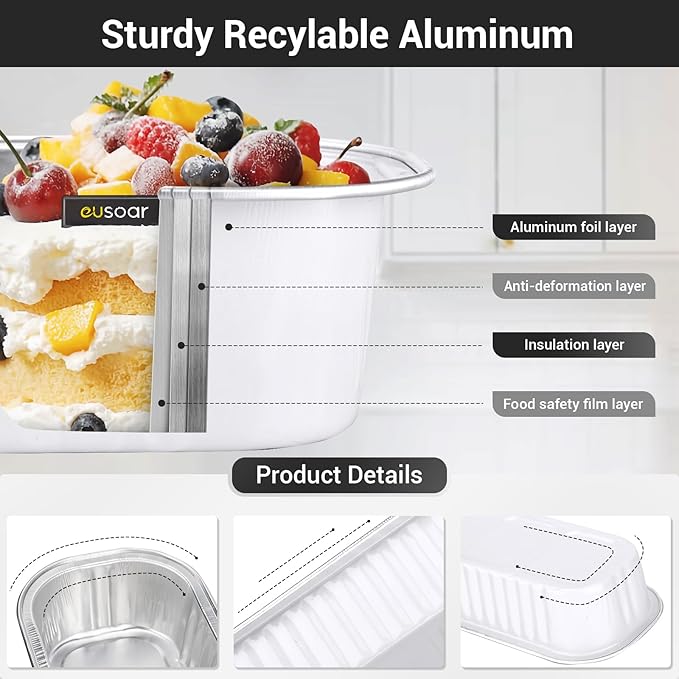 EUSOAR Disposable Ramekins, 50pcs 6.8oz White Mini Cake Loaf Pans with Lids, Aluminum Foil Ramekins Muffin Liners Baking Cups Containers Holders Creme Brulee Tins for Birthday Wedding Party
