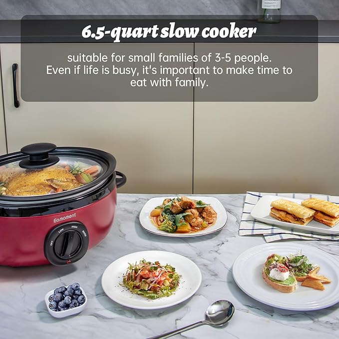 Slow Cooker 6+ Quart Red Uniform Heating,Non Stick Pot,Aluminum,6.5Qt Slow Cooker Makes Your Food More Delicious.Suitable as a Gift for Wives,Parents,and Friends