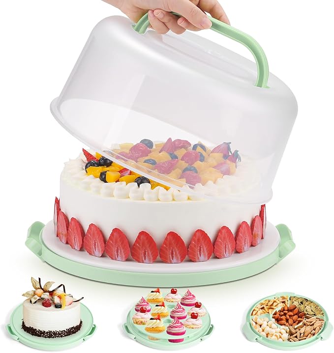 Cake Carrier with Lid and Handle, Cake Stand Cupcake Containers for 10 inch Cake with 2 Handles Cupcake Holder, 3 in 1 Transport Storage Container for Cake Pie Muffin Pizza,Green Round Cake Carriers