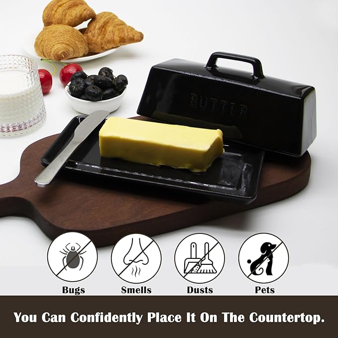 Ceramic Butter Dish With Lid for Countertop, Covered Butter Container, Large Butter Holder With Lid, Butter Tray With Handle Black