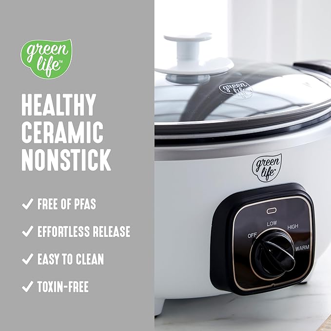 GreenLife 3.5QT Slow Cooker, Non-Toxic PFAS-Free Ceramic Nonstick Removable Interior Bowl, Programmable, Keep Warm, Stovetop & Oven Safe, Dishwasher Safe Parts, Glass Lid, White