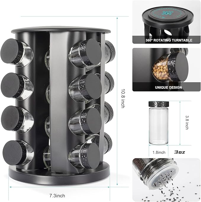 Black Countertop Rotating Spice Rack,Round Empty 16-Jars Revolving Spice Rack Organizer, 135 Spice Labels with Funnel Complete Set, for Kitchen Countertop, Cabinet