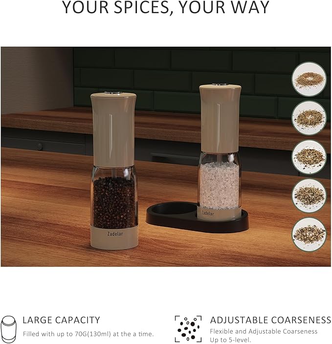 Electric Salt and Pepper Grinder Set with LED Power Display,Larger Capacity Salt and Pepper Shakers Set Rechargeable Electric with Flexible Coarsenes,LED Light,One Hand Operation for Kitchen(Khaki)