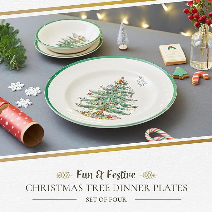 Spode Christmas Tree 10.5" Dinner Plate (Set of 4) - Festive Holiday Stoneware Plate with Christmas Tree & Green Borders, Microwave, Dishwasher, Freezer, Oven Safe - Collectible Holiday Tableware