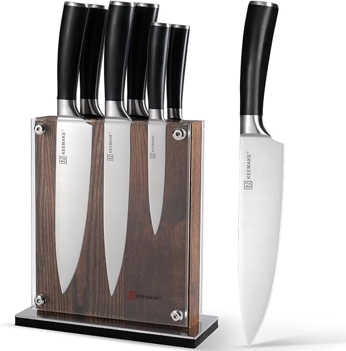 KEEMAKE Knife Block Set - 7Pcs Kitchen Knives with Magnetic Knife Block Holder, High Carbon Stainless Steel Chef Knife Set with Block, Ultra Sharp Knives Set for Kitchen With Ergonomic Handle