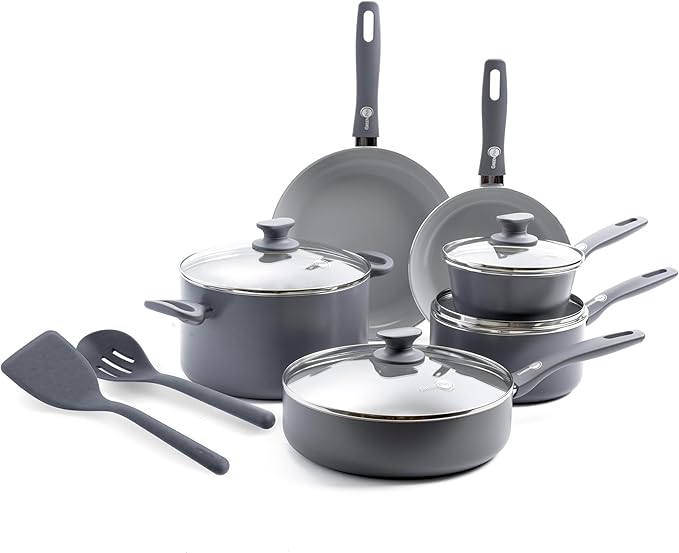 GreenPan Dover Healthy Ceramic Nonstick, 12 Piece Cookware Pots and Pans Set, PFAS-Free, Dishwasher Safe, Comfort Grip Handle, Gray