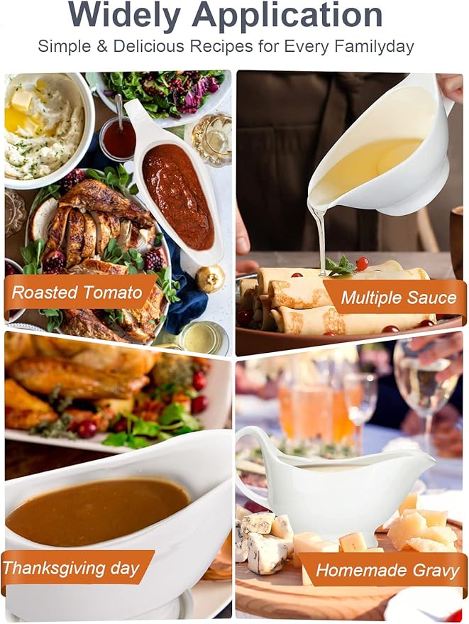 Nucookery Large Classic 17 Oz Gravy Boat with Warmer, White Fine Porcelain Saucier with Big Dripless Lip Spout, Bowl For Thanksgiving, Warming Sauces, Salad Dressings, Milk, Microwave & Freezer Safe