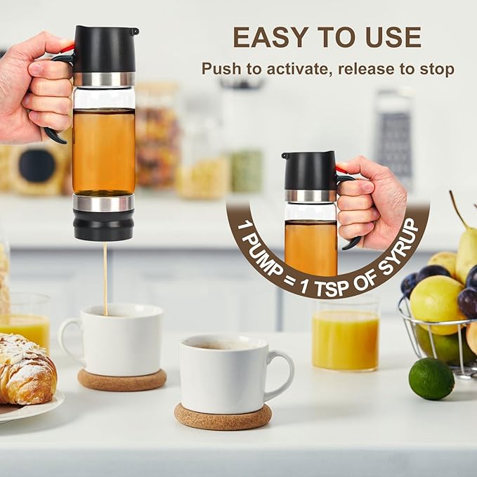 12 Oz Glass Honey Dispenser Pot with Silicone Base No Drip Honey Container Jar, Maple Syrup Dispenser with Handle for Pancake, Coffee or Tea Black