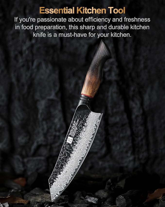 XINZUO 7.6 Inch Sharp Damascus Santoku Knife,Professional 67 Layers Damascus Steel Kitchen Meat Knife for Home and Kitchen,10Cr15CoMoV Steel Core,With White Oak + Red G10 Gasket Handle