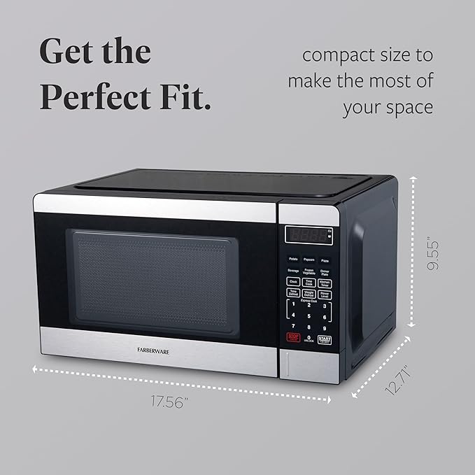 Farberware 0.7 Cu. Ft, Compact Microwave Oven, 700-Watt, with Auto Cook Menus, Child Lock, Stainless