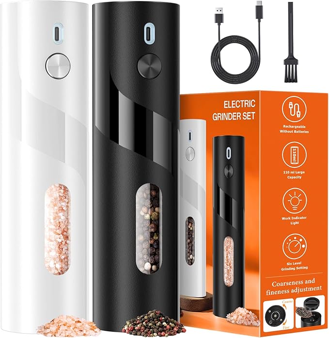 110ml Electric Salt and Pepper Grinder Set, 2-Pack Auto Salt and Pepper Shakers with Large Capacity, Rechargeable, Adjustable Coarseness for Kitchen, Outdoor Dining (Black & White)