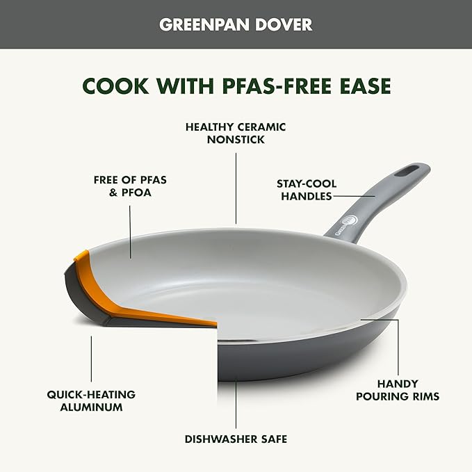 GreenPan Dover Healthy Ceramic Nonstick, 12 Piece Cookware Pots and Pans Set, PFAS-Free, Dishwasher Safe, Comfort Grip Handle, Gray