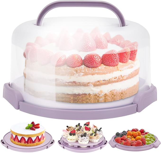 Ohuhu Cake Holder, BPA-Free Cake Carrier with Lid and Handle Cake Transport Container Portable Cake Keeper Two Sided Base for Pies Cookies Nuts Fruit etc - Suitable for 10 inch Cake Perfect Gifts