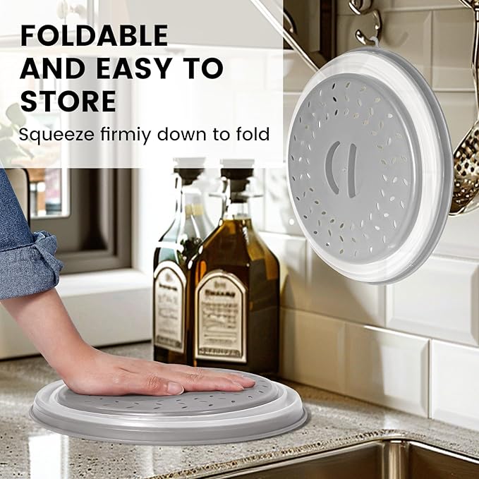 2 In 1 Microwave Splatter Cover & Silicone Mat, Vented Collapsible Microwave Cover for Food, Splatter Guard Dish Plate Lid, Kitchen Colander, 10 Inch Round Silicone Trivet Mat (Grey)