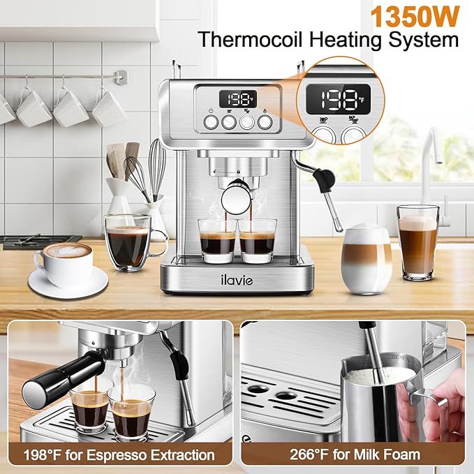 Espresso Machine 20 Bar, Espresso Maker with Steam Milk Frother,Espresso Coffee Machine with 60oz Removable Water Tank for Lattle, Cappuccino, Stainless Steel