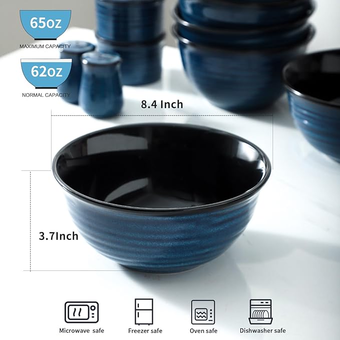 MEKY 65oz Ceramic Mixing Bowls Set of 2, Deep Large Ribbed Serving Bowls for Salad, Pasta, Ramen, Soup, Durable Kitchen Bowl Set, Microwave Oven Dishwasher Safe Porcelain,Blue