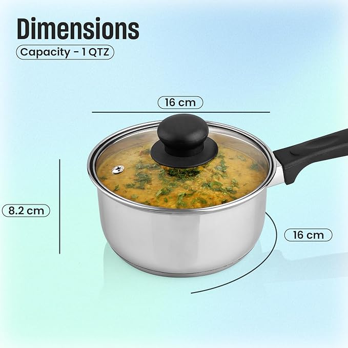 MARBELLA 1 Quart Stainless Steel Saucepan with Glass Lid & Bakelite Handle – Food Grade, Nickel Free, Heavy Duty Multipurpose Pot for Gas & Dishwasher Safe (Silver)