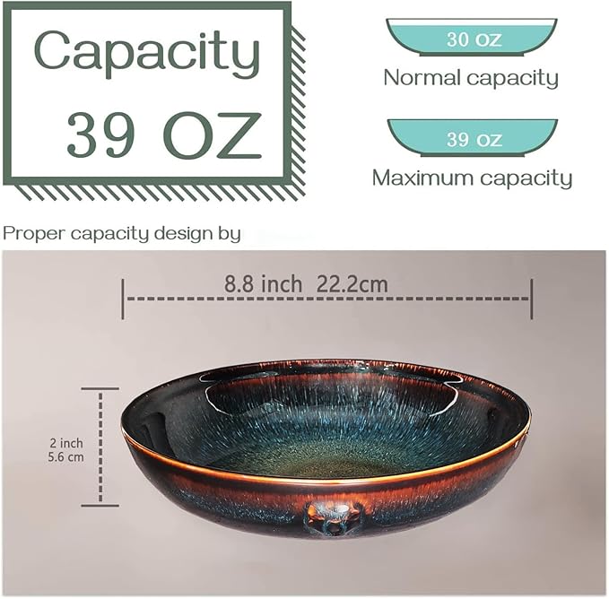 39 oz Ceramic Bowl Set, Salad Bowl, Pasta Bowl, Serving Bowl, Dinner Bowl, Deep/Wide Plate, Microwave, Oven and Dishwasher Safe, Modern Porcelain Dinnerware 8.8 Inch