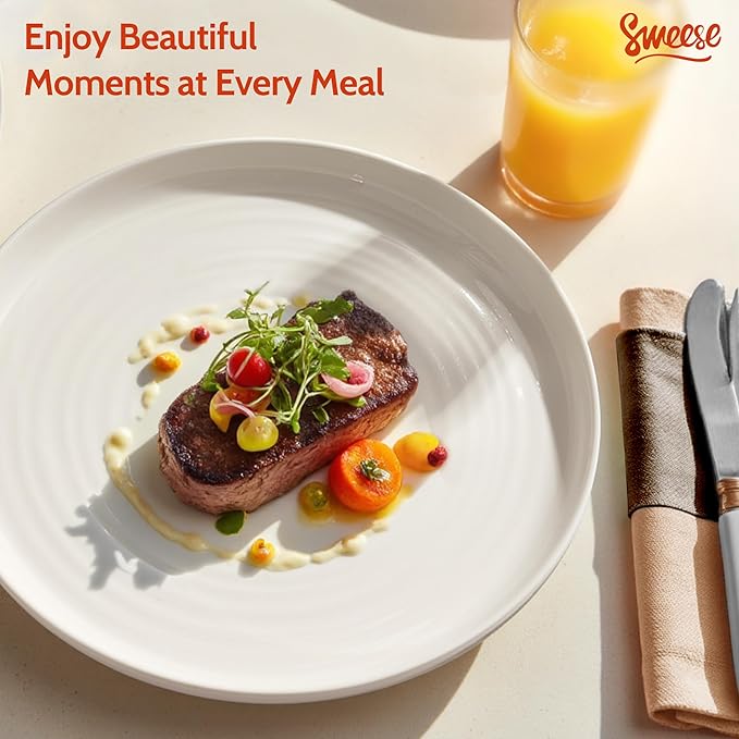 Sweese Porcelain Dinner Plates Set of 6, 10.5 Inch Dish Set - Dishwasher, Microwave, Oven Safe, Scratch Resistant, Kitchen Serving Dishes - White