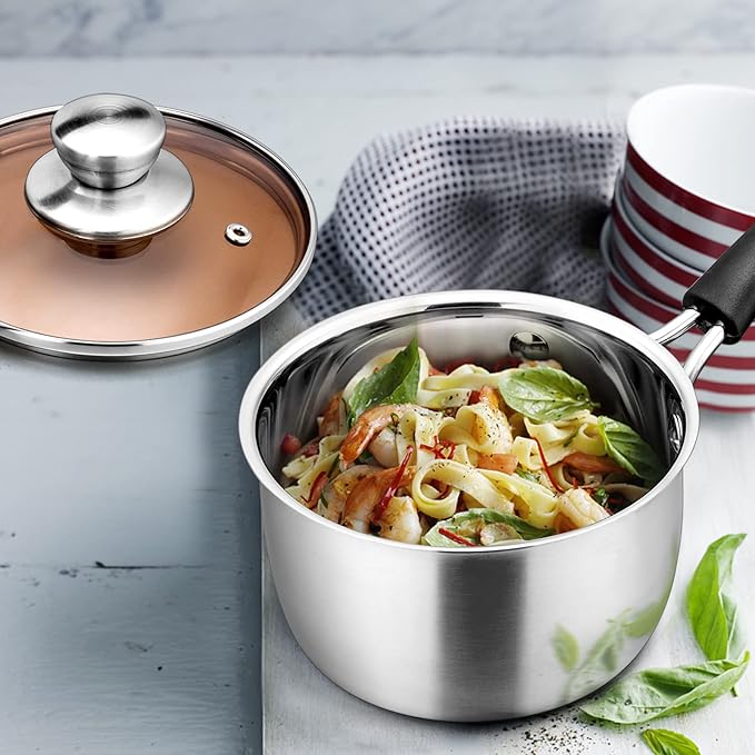 E-far 1 Quart Saucepan with Lid, Stainless Steel Small Sauce Pot with Glass Lid for Cooking, Easy Clean & Rust Free, Dishwasher Safe