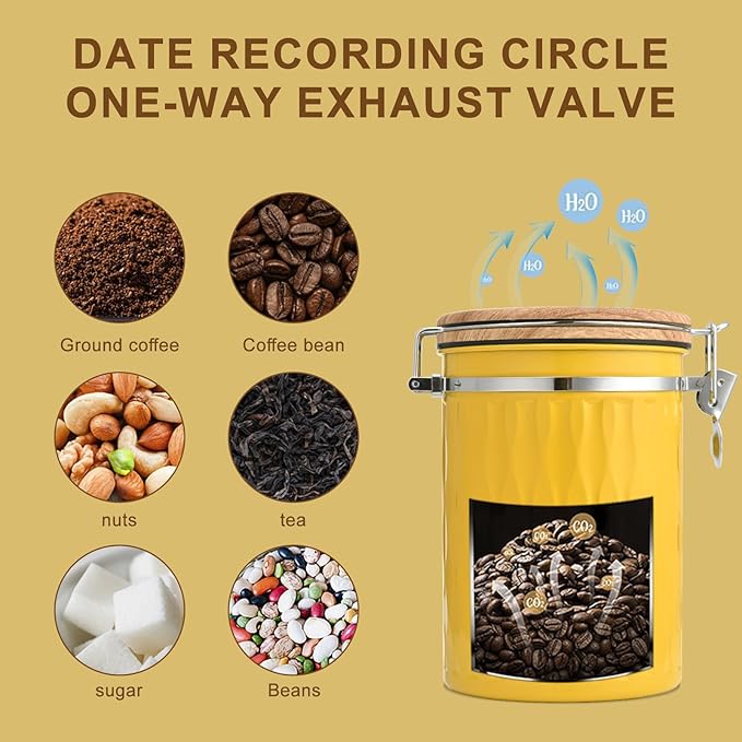 TEDSWAIT Coffee Container with Sealed Cantilever Lid and Scoop, Airtight Stainless Steel Kitchen Food Storage Canister with Date Tracker, 1.8L(Yellow)