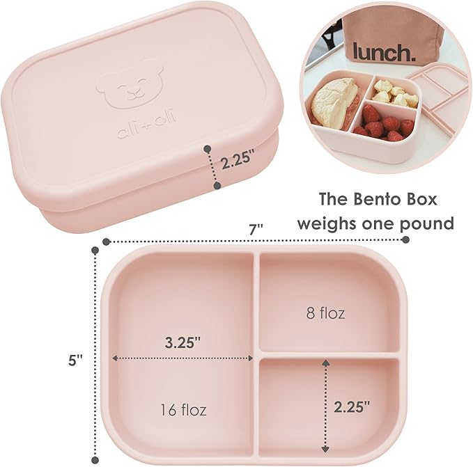 Ali+Oli Silicone Bento Box (Blush) Lunch Box for Kids, Toddlers, Preschoolers & Adults | BPA-Free and Spill-Proof | Ideal for School, and On-the-Go Meals| Perfect for Lunch, Snacks, and Meals
