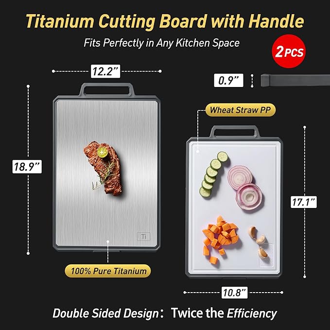 2 Packs Pure Titanium Cutting Boards for Kitchen Chopping Board Butcher Block 2 in 1 Titanium PP Wedding Day Engagement Hostess Couple Newly Wed Christmas Married Fiancee Unique Cool Gifts
