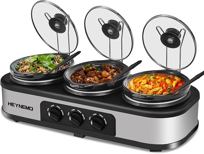 Triple Slow Cooker, 3×1.5 QT Buffet Servers and Warmers, 3 Pots Buffet Slow Cooker Adjustable Temp Lid Rests Stainless Steel Manual Silver for Parties Holidays Families