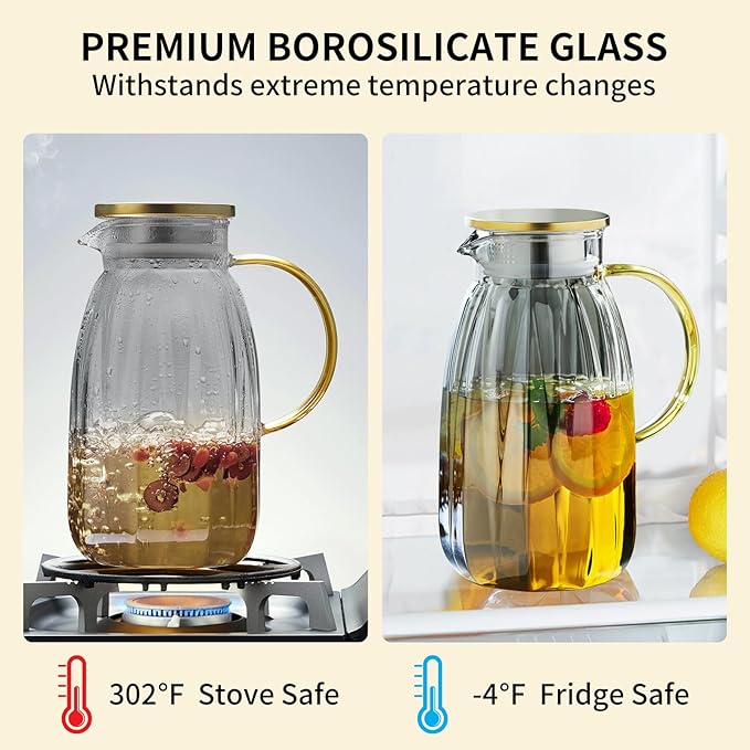 68OZ Glass Pitcher with Lid and Spout, Water Jug, 2000ml Carafe for Hot/Cold Water, Large Iced Tea Pitcher for Coffee, Juice and Homemade Beverage