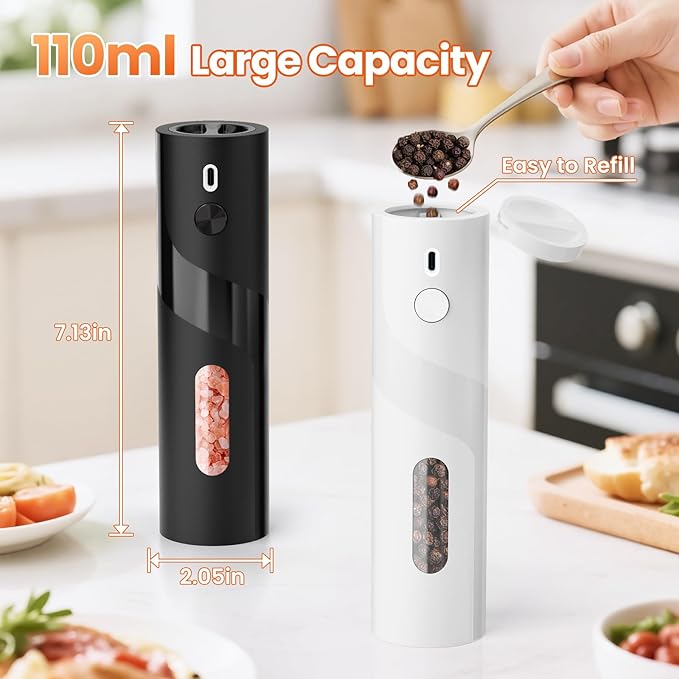 110ml Electric Salt and Pepper Grinder Set, 2-Pack Auto Salt and Pepper Shakers with Large Capacity, Rechargeable, Adjustable Coarseness for Kitchen, Outdoor Dining (Black & White)