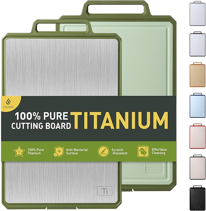 Titanium Cutting Boards for Kitchen Chopping Board with Handle Large Big Small Kitchen Meat Butcher Block 2 in 1 Pure Titanium and Wheat Straw PP Not Wood Bamboo Plastic Silicone Teak Morandi Green
