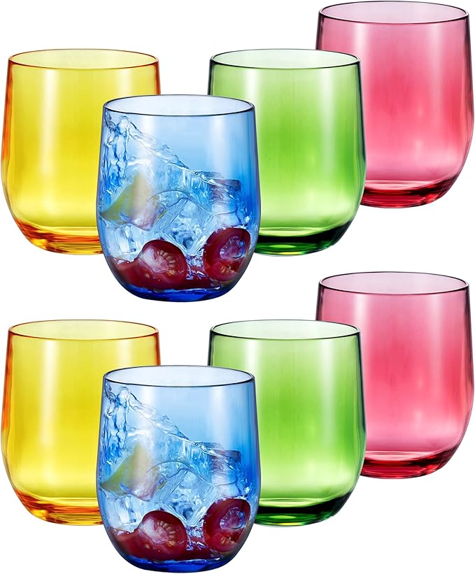 14-ounce Plastic Stemless Wine Glasses, All Purpose Arcylic Glasses, set of 8 Multicolor Reusable Shatter-resistant Dishwasher Safe